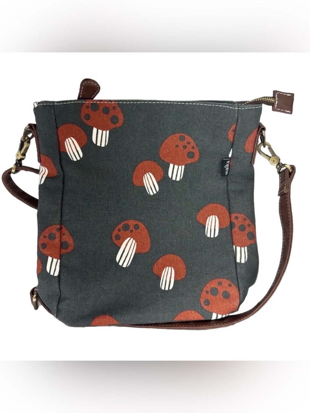 MAIKA Crossbody Bag Purse Zipper Closure Gray Canvas Red Mushrooms